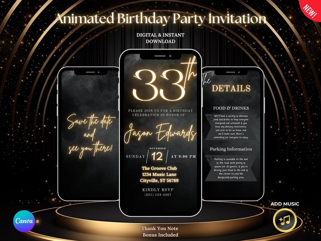 Black and Gold Animated Birthday Party Digital Invitation | Editable ...
