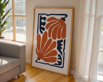 Abstract Floral Poster – Modern Orange & Navy Botanical Wall Art, Minimalist Digital Download