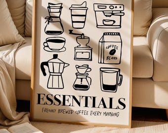Coffee Essentials Poster - Minimalistische Schwarzweiß-Kaffeekunst, moderne Küchenwand, digitaler Download