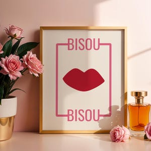 Bisou Bisou Poster – French-Inspired &#39;Kiss Kiss&#39; Art Print, Romantic Minimalist Wall Art for Bedroom, Living Room, or Gift