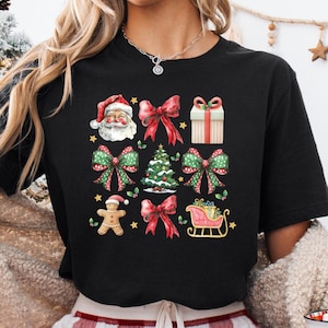 Coquette Bows Gingerbread Christmas Shirt, Christmas Party 2025 Tees, Holiday Season Shirt, Coquette Bow Santa Shirt, Christmas Girl Shirt