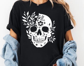 Comfort Colors® Halloween Skeleton T-Shirt, Floral Skull Shirt, Boho Spooky Shirt, Womes Fall Shirt, Botanical Skull Shirt, Flower Skull Tee