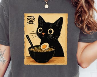 Comfort Colors Noodle Cat Shirt, Ramen Cat T-Shirt, Foodie Lover Shirts, Black Cat Noodle T-Shirts, Retro Cat Tees, Black Cat T-Shirt