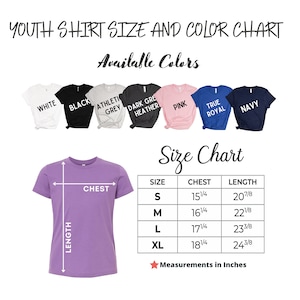 May include: Youth shirt size chart with measurements in inches for chest and length.  The chart shows sizes S, M, L, and XL.  The available colours are white, black, athletic grey, dark heather grey, pink, true royal, and navy.