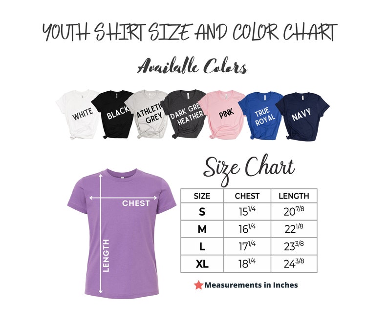 May include: Youth shirt size chart with measurements in inches for chest and length.  The chart shows sizes S, M, L, and XL.  The available colours are white, black, athletic grey, dark heather grey, pink, true royal, and navy.