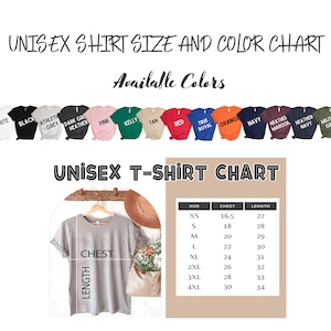 May include: Unisex t-shirt size and colour chart with a variety of colours including white, black, pink, kelly green, tan, red, true royal, orange, navy, heather maroon, heather navy, and military green. The chart also includes a size chart with measurements in inches for chest and length.