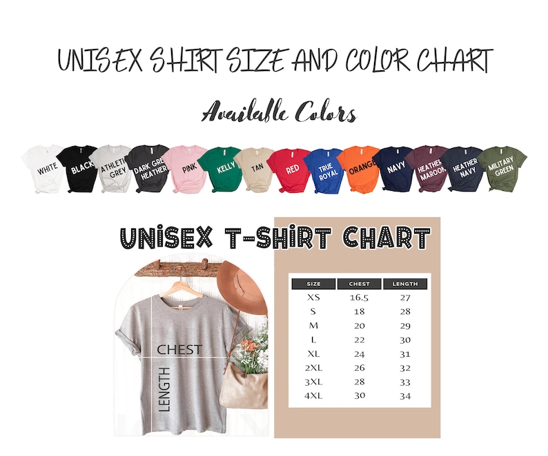 May include: Unisex t-shirt size and colour chart with a variety of colours including white, black, pink, kelly green, tan, red, true royal, orange, navy, heather maroon, heather navy, and military green. The chart also includes a size chart with measurements in inches for chest and length.