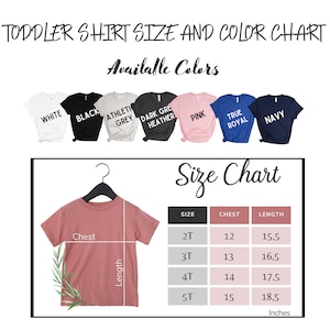 May include: Toddler shirt size and colour chart with a sample shirt in pink. The chart shows sizes 2T, 3T, 4T, and 5T with corresponding chest and length measurements in inches.