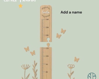 Laser cut file | growth ruler with name | cm | children's room decoration | nursery gift | height chart | butterflies | flowers digital svg