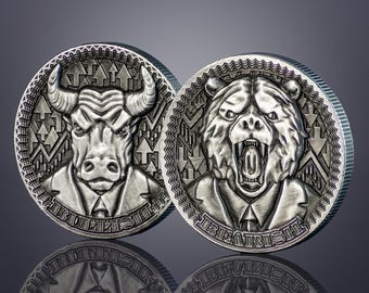 Bullish X Bearish Münze – Bulle und Bär Motivation | Symbol für Erfolg & Stärke | Perfektes Geschenk für Börsen- und Investmentfans
