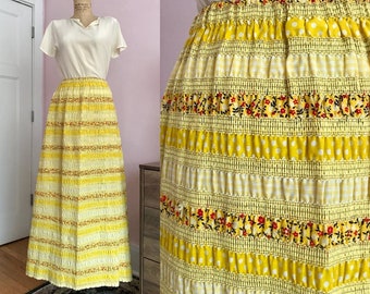 1960's Size 6/8 Yellow Quilted Calico Maxi Skirt