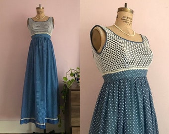 1960's Size 00 Slate Blue and White Polka Dot Maxi Dress