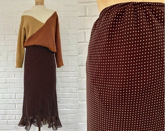 Size 10/12 - Y2K Chocolate Polka Dot Slinky Flared Skirt