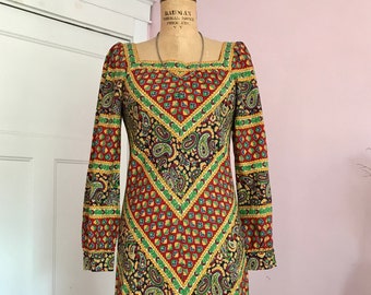 1970&#39;s Long Sleeve Paisley Maxi Dress with Square Neckline
