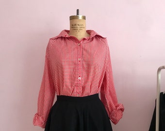 1980's Simple Red Gingham Blouse