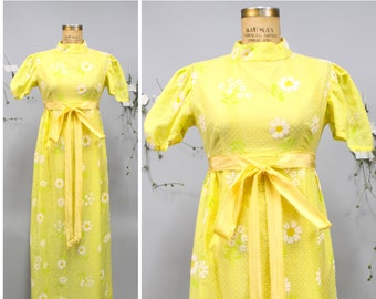 1970's Yellow Daisy Flocked Floral Maxi Dress