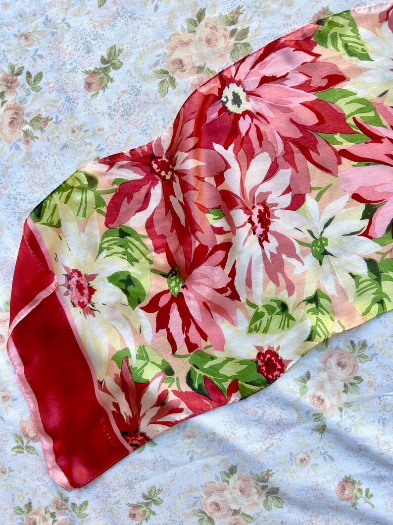 1980's Pink Silk Satin Floral Scarf by Echo image 5