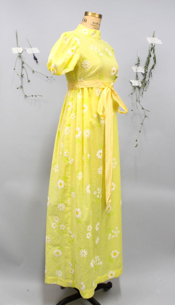 1970's Yellow Daisy Flocked Floral Maxi Dress Gem