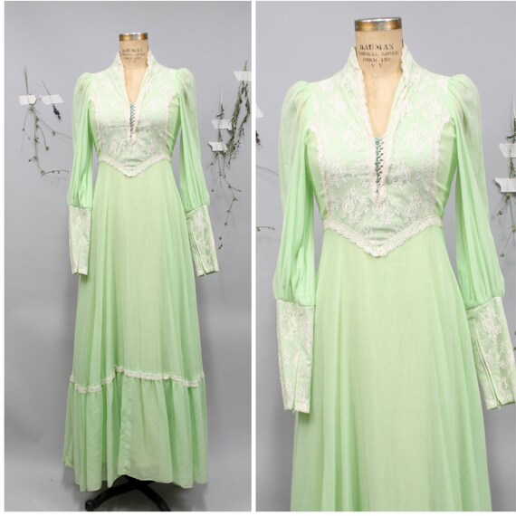 1970's Mint Green Victorian Maxi Dress