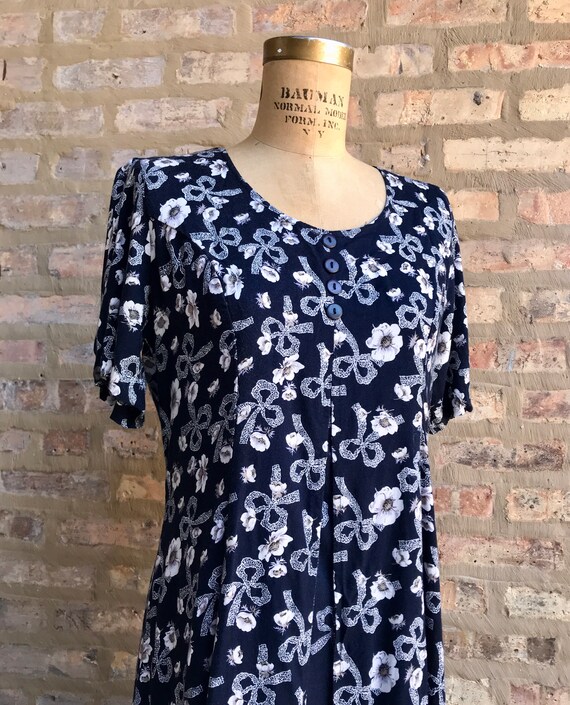 1990's Bow + Floral Navy Midi Dress - image 4