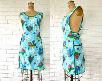 1960's Sky Blue Floral Teapot Kitchen Apron