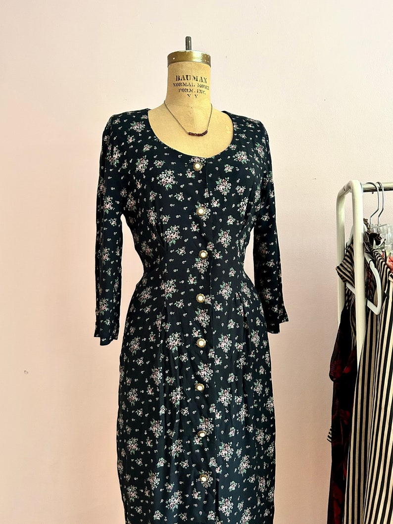 1990's Size 4 Black Floral Pencil Dress image 3