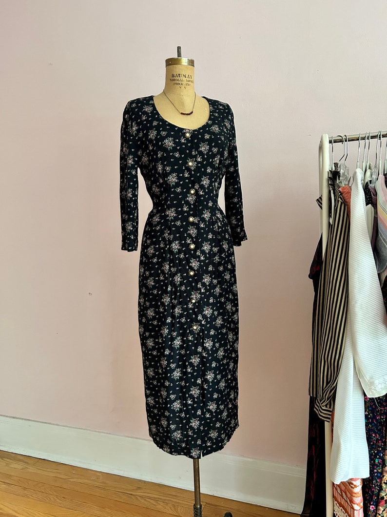 1990's Size 4 Black Floral Pencil Dress image 2