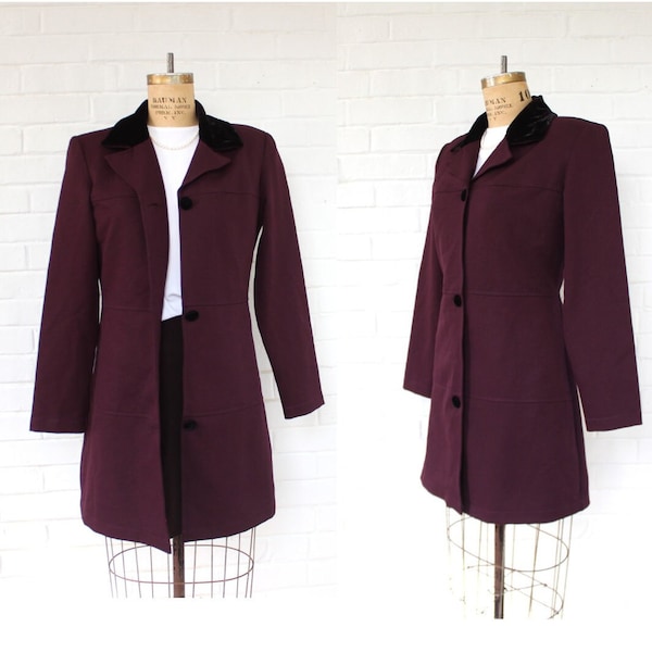 1990's Size Small Burgundy Mini Peacoat with Faux Collar