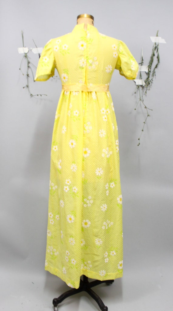 1970's Yellow Daisy Flocked Floral Maxi Dress Gem