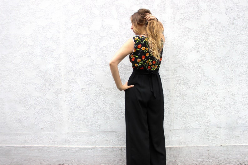 1980/'s Black Jumpsuit with Floral Bodice and Corset Bust in Women/'s Size 6 Medium