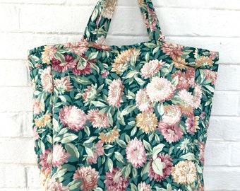 1980's Seafoam Floral Quilted Tote Bag