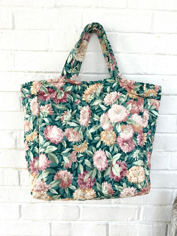 1980's Seafoam Floral Quilted Tote Bag