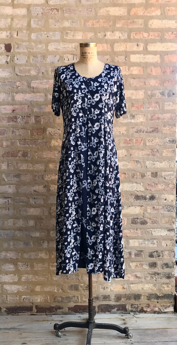 1990's Bow + Floral Navy Midi Dress - image 2