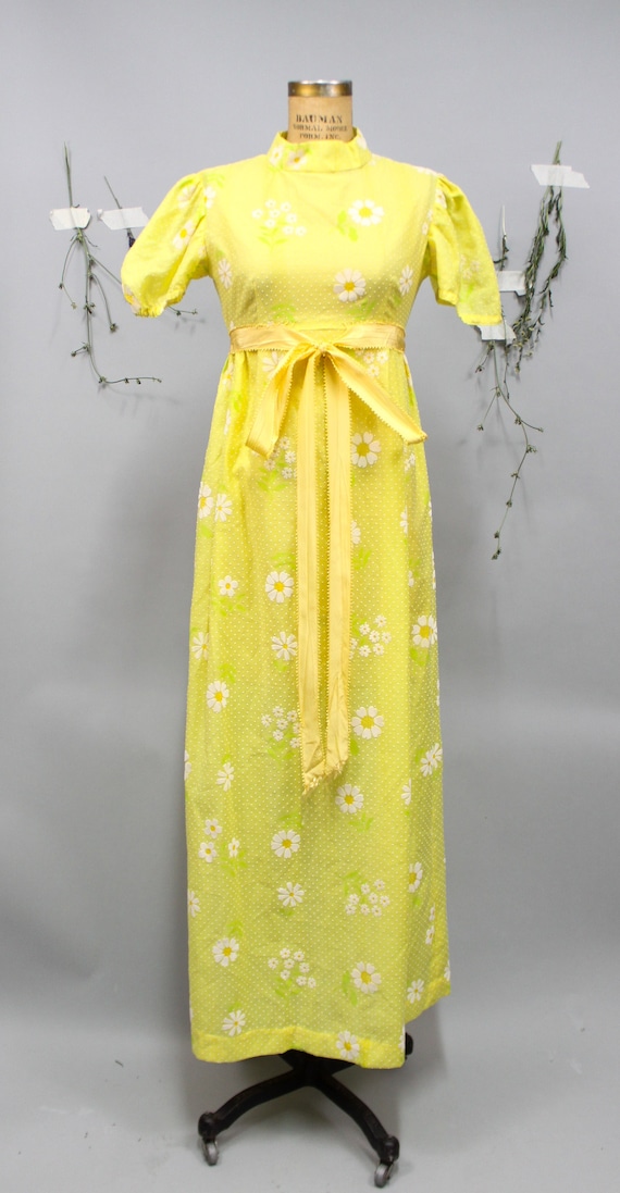 1970's Yellow Daisy Flocked Floral Maxi Dress - image 2