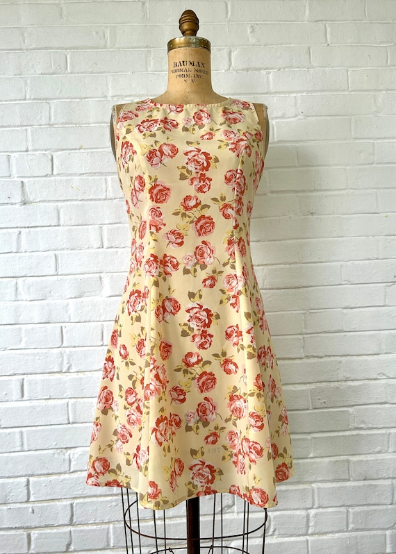 1990's Size 6 Yellow and Pink Floral Corset Dress
