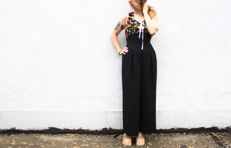 1980/'s Black Jumpsuit with Floral Bodice and Corset Bust in Women/'s Size 6 Medium
