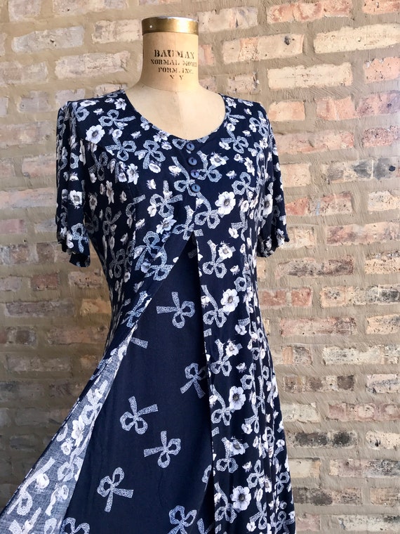 1990's Bow + Floral Navy Midi Dress - image 5