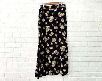 1990's Size 12 Black Floral Midi Skirt