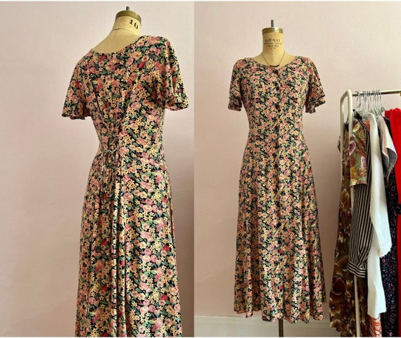 90's Size 4/6 Floral Flutter Sleeve Midi Dress - image 1