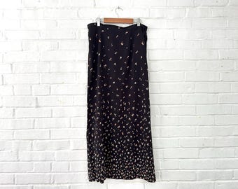 1990's Size 10/12 Orange & Black Floral Midi Skirt