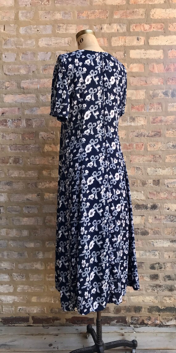 1990's Bow + Floral Navy Midi Dress - image 7