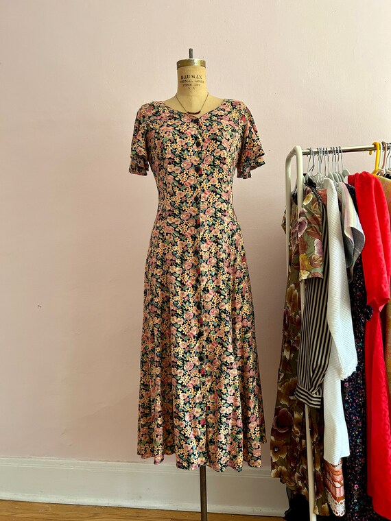 90's Size 4/6 Floral Flutter Sleeve Midi Dress - image 2