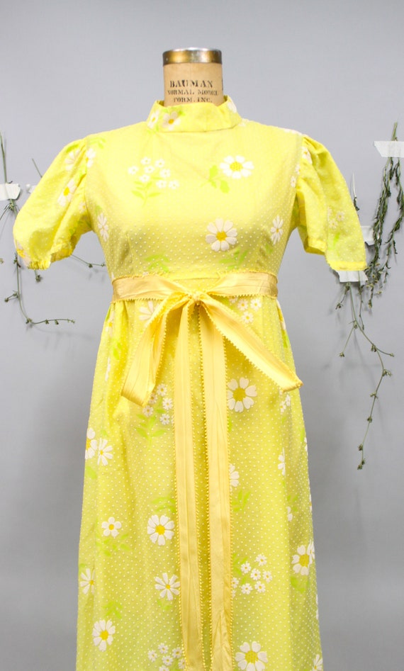 1970's Yellow Daisy Flocked Floral Maxi Dress Gem