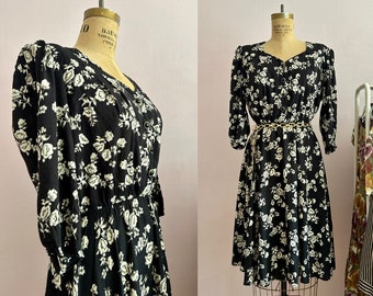 1980's Size 10/12 Black Floral Office Dress