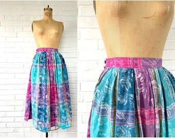1980's Size XS Bright Neon & Floral High Waisted Skirt