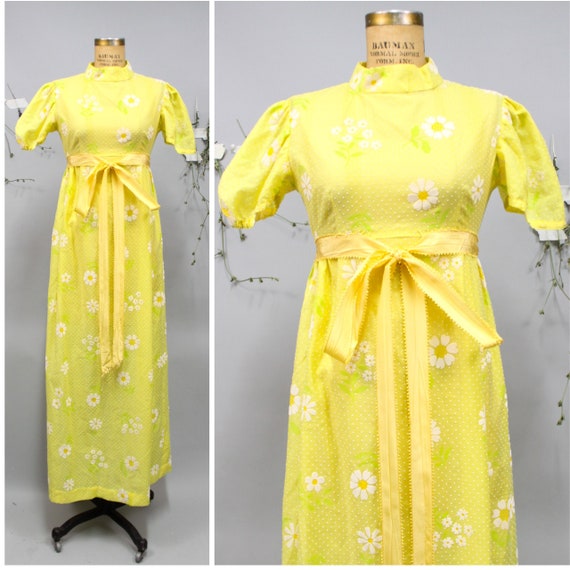 1970's Yellow Daisy Flocked Floral Maxi Dress - image 1