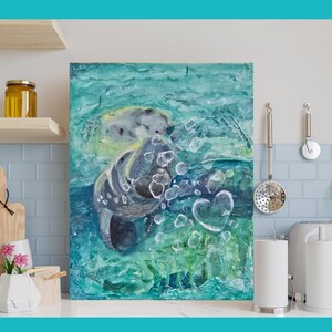 Manatee Bubbles Canvas Print by Trish Turner Original Design  Fine Art Canvas Print Wall Art Home Decor Canvas Print