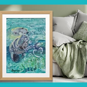 Manatee Bubbles Print by Trish Turner Original Design Unframed Fine Art Print Wall Art Home Decor Giclee Matte Poster Print