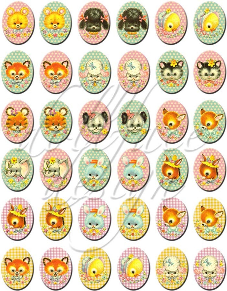 INSTANT DIGITAL DOWNLOAD Kawaii Vintage Baby Tiere druckbare Collage Blatt 18 x 25 mm Ovale Schmuck Gingham Polka Dots Bild 2