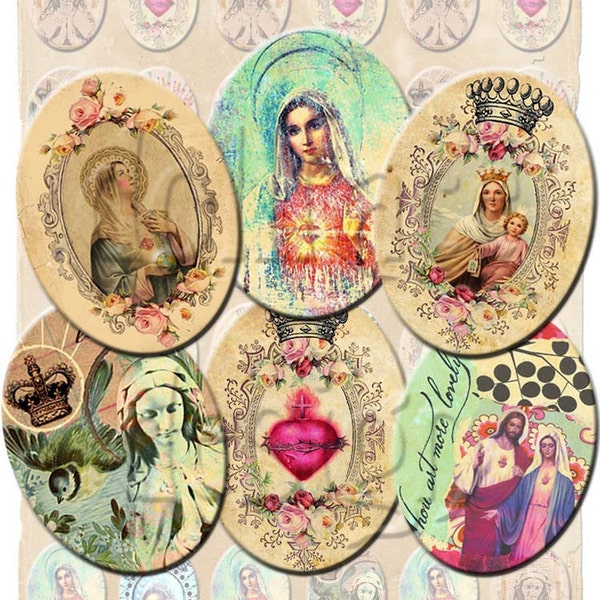 INSTANT DIGITAL DOWNLOAD - Virgin Mary Religious Icons - 30 x 40 mm Ovals - Original Collage Designs - for Pendants Jewelry Charms Necklaces